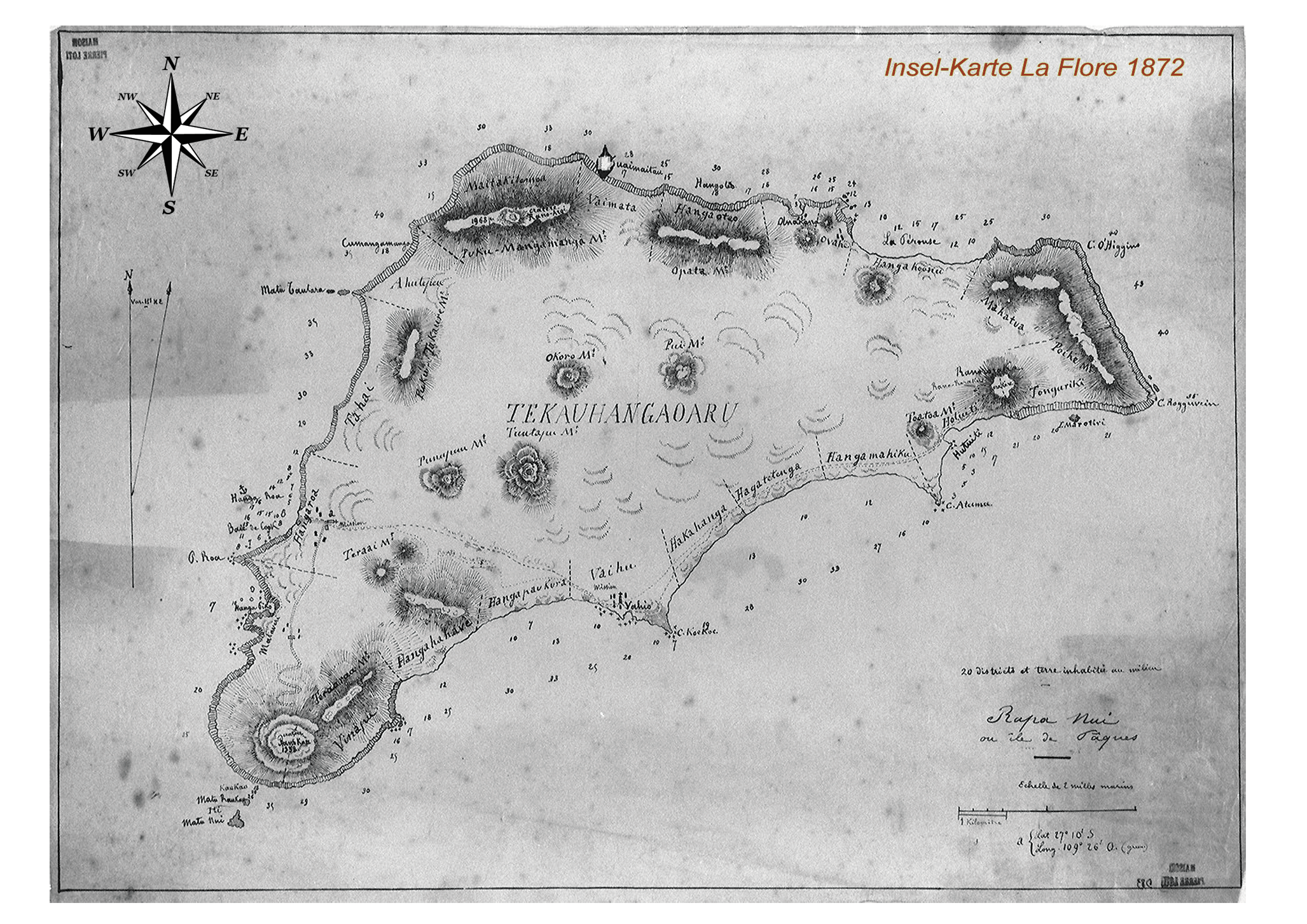 Karte von der Osterinsel aus dem Jahre 1872 von La Flore