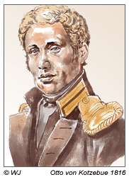 Otto von Kotzebue 1816, russischer Offizier mit deutschen Wurzeln muss Erkundungs- und Landungsversuch abbrechenm, weil die Rapanui mit Steine werfen