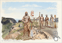 Bild 016-03: Der Vogelmann, der Hopu und ein Priester am Orongo