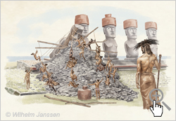Bild 097: Das Aufstellen der Moai auf eine Ahu-Anlage