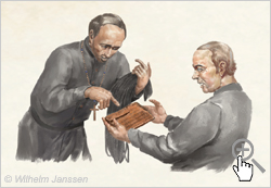 Bild 175 Studie: Missionar K. Zumbohm bringt Bischof Jaussen 1869 eine Rongorongo-Tafel
