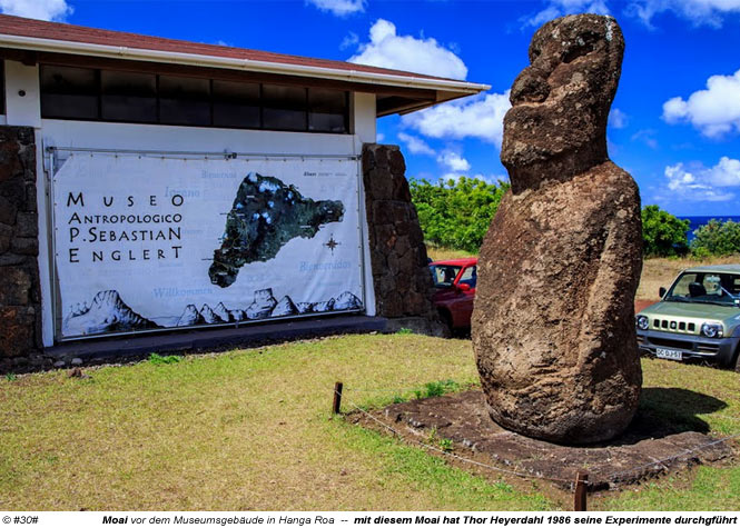 Moai von den Thor Heyerdahl-Experimenten vor dem Sebastian-Englert-Museum auf der Osterinsel