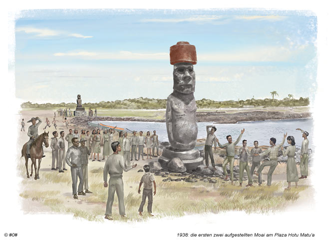 Illustration von den zwei Moai , wie sie 1938 auf der Osterinsel aufgestellt wurden