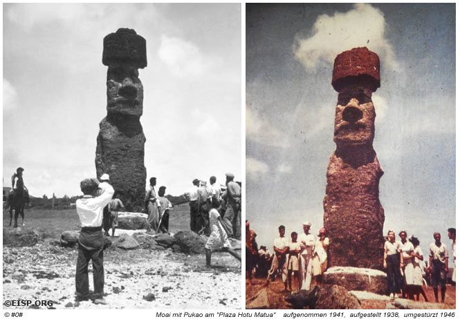der zweite Moai am Plaza Hotu Matu'a, der 1946 von einem Tsunami  auf der Osterinsel niedergerissen wurde