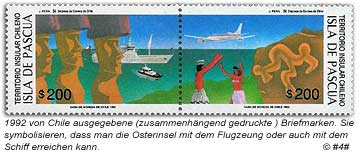 Briefmarken aus dem Jahre 1992 zeigen den Flug- bzw. Schiffsverkehr zur Osterinsel
