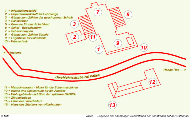 Lageplan der Gebäude von Vaitea auf der Osterinsel