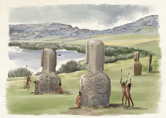 die Sieger aus einem Clan-Krieg fertigen Graffiti auf Moai an