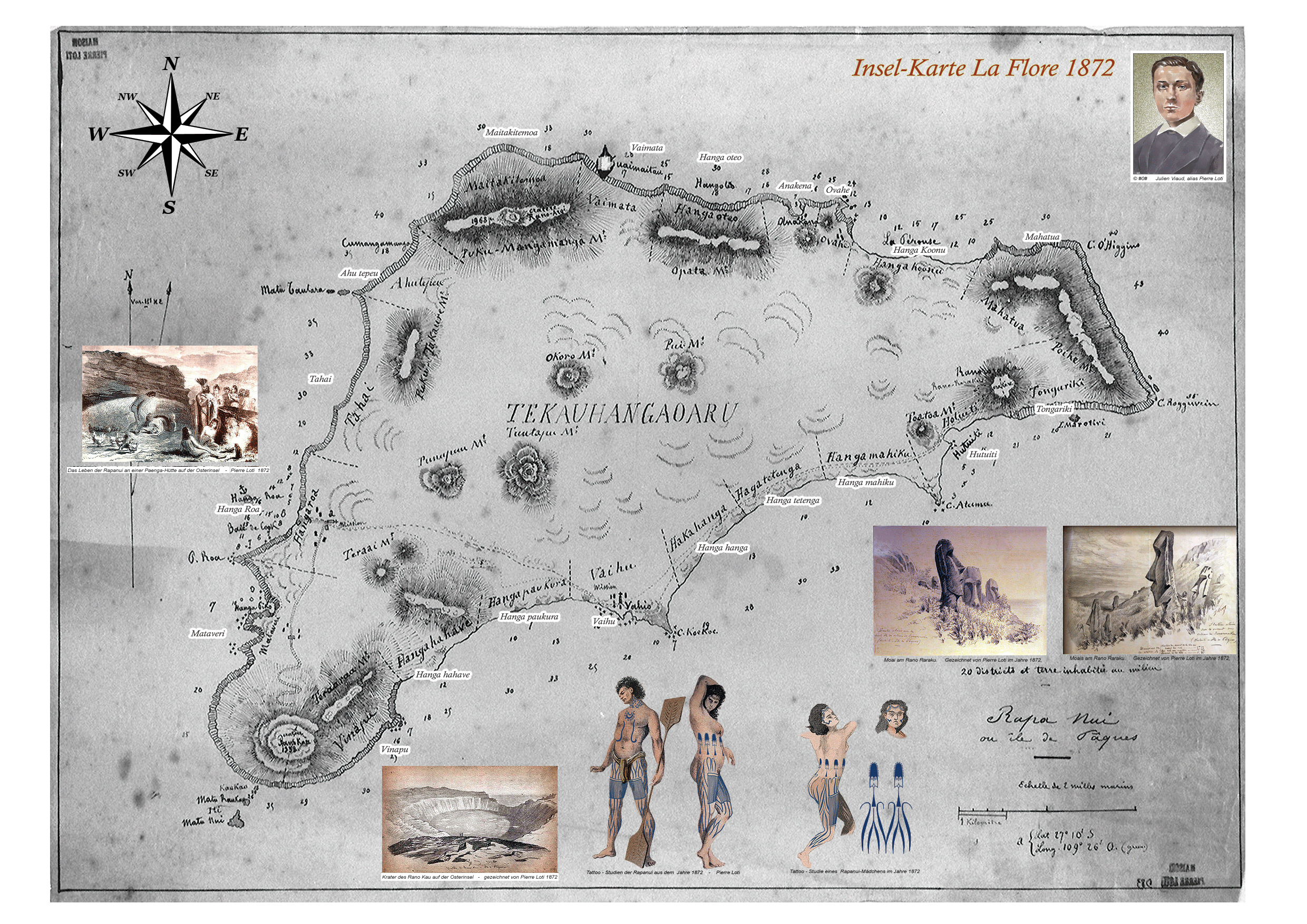 Karte von der Osterinsel aus dem Jahre 1872 von La Flore
