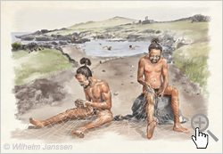 Bild 026: Rapanui bei der Herstellung von Fischernetzen
