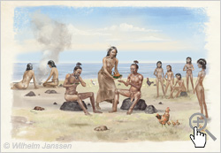 Bild 038-01: Rapanui-Frauen beim Verteilen der Umo-Ofen-Gerichte