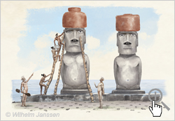 Bild 098: Priester veranlassen das Einsetzen der Augen bei Moai