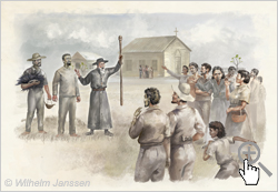 1882: Gläubige Rapanui vor der Missionskirche in Hanga Roa