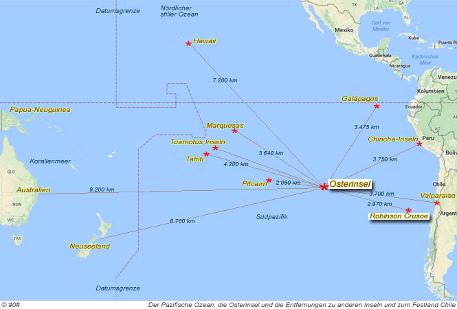 Der Pazifische Ozean und die Entfernung Robinson Crusoe-Insel zur Osterinsel