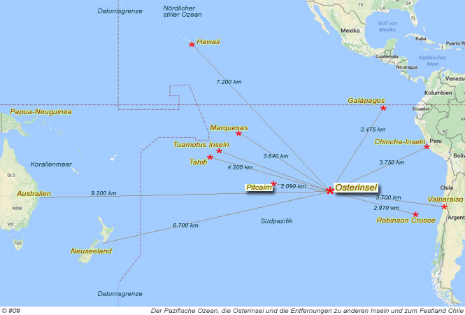 Der Pazifische Ozean und Pitcairn und die Entfernzung zur Osterinsel