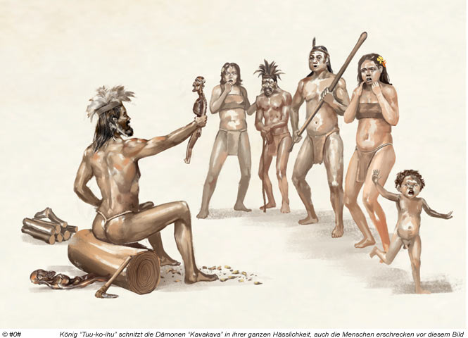 Illustration: König "uu ko ihu schnitzt die Dämonen Kavakava wie er sie am Puna Pau im Schlaf überrasch hat