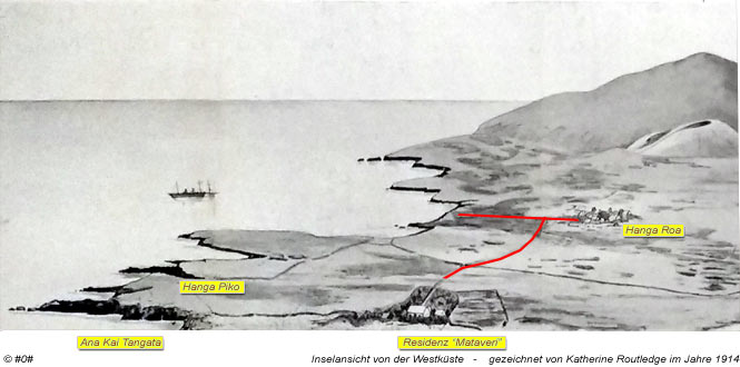 Zeichnung von der Westküste mit Hanga Roa aus dem Jahre 1914