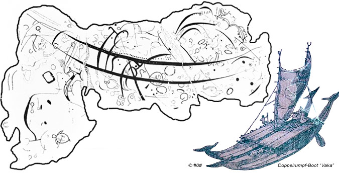 Petroglyphen-Feld Papa Vaka mit dem 11 Meter langen Doppelkanu