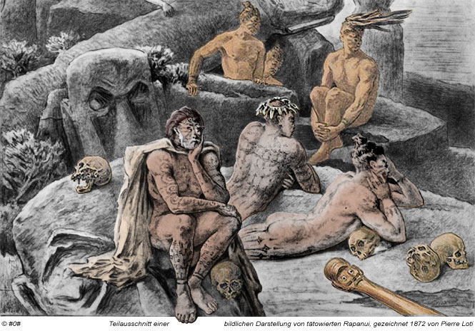 bildliche Darstellung tätowierter Rapanui im Jahre 1872 - gezeichnet von Pierre Loti
