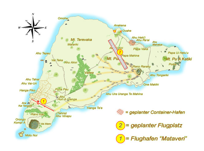 Lage des Flughafens Mataveri auf der Osterinsel und geplanter Flughafen im Nordosten