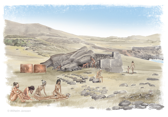 1864 Ahu Vinapu I: Die Bevölkerung sucht Unterschlupf zwischen den Moai