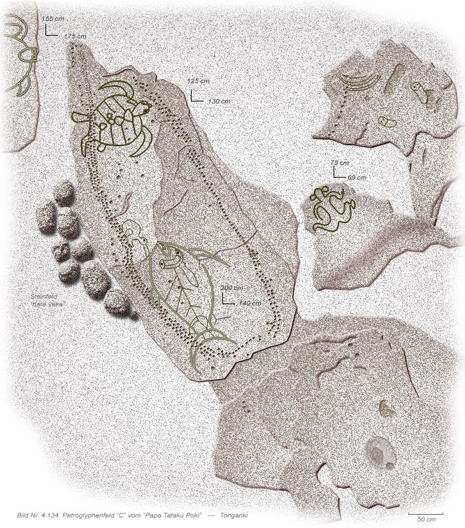 Petroglyphen und Zähllöcher im Feld C bei  Tongariki